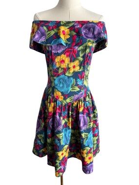 Vintage 80s Socialite Floral Off Shoulder Dress Small Cotton Drop Waist Retro